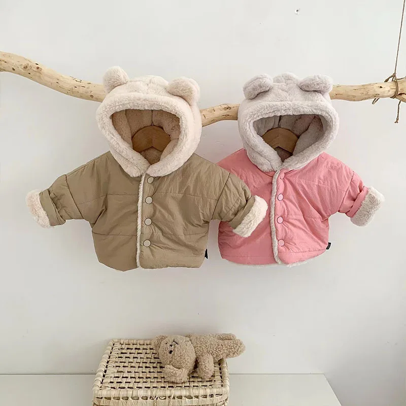 3729D Ins Korean Baby Coat Neutral Thickened Solid Color Coat Winter Warm Hooded Boy's Jacket Girl's Casual Bear