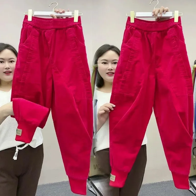 Spring Autumn New Solid Color Corduroy Pants Women Elastic Waist Loose Harem Pants All-Match Casual Bundle Foot Trousers Ladies