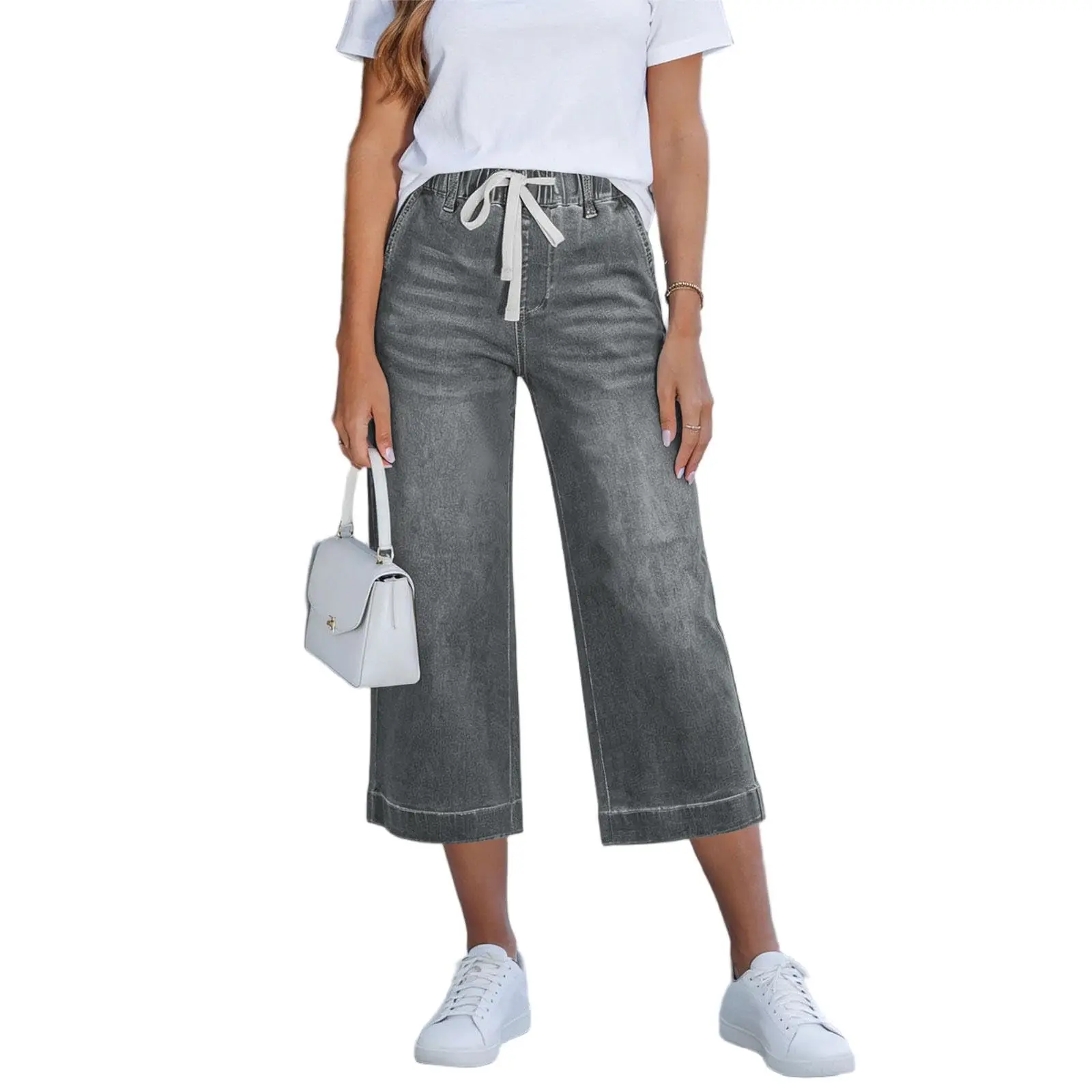 Capri Pants For Women Summer Drawstring Elastic Waist Jeans Female Straight Casual Wide Leg Trousers Streetwear Denim Capris - 2