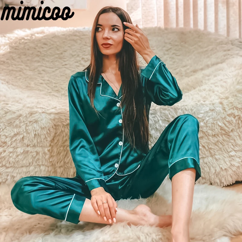 de pijamas de satén de seda sintética para mujer, ropa de dormir de manga larga, trajes de casa para mujer, ropa de dormir de liso, 2 piezas|Sets -