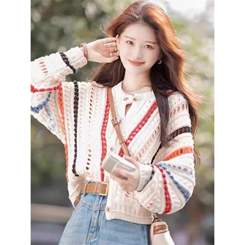 New Women's Striped Crew Neck Cardigan Lantern Sleeve Sweater Contrast Color Fashion Casual Women's Knitwear Autumn Winter Top
