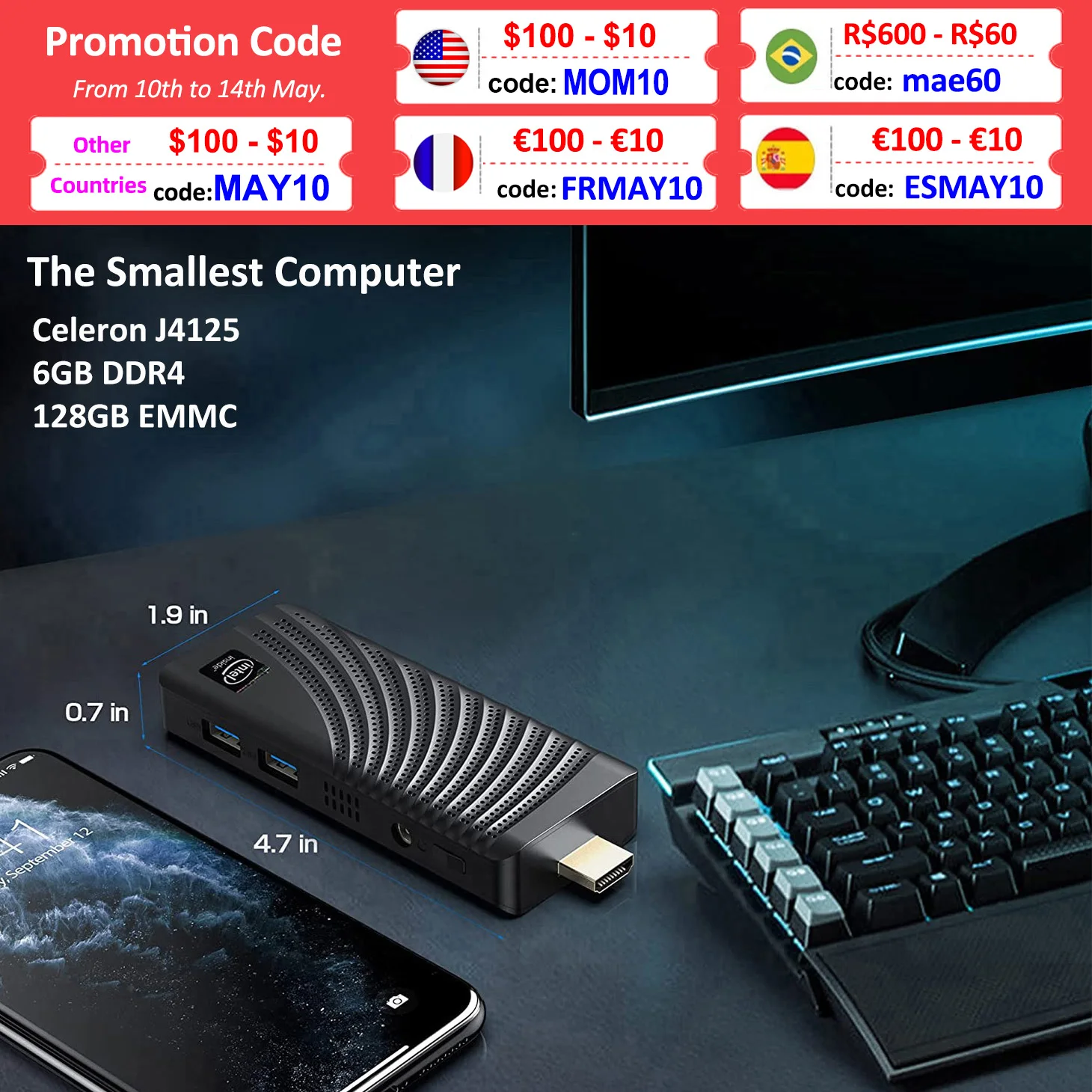 Mini PC Stick T6 Pro, Intel Celeron N4000/J4125, hasta 2,7 Ghz, 6GB