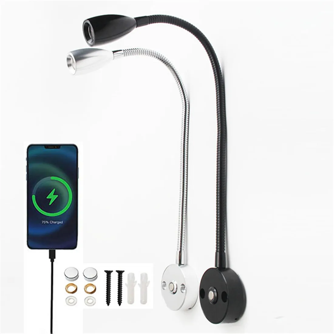 DC12V 24V 3W RV Boat LED Reading Light USB Charing Port Gooseneck Touch Dimmable Yacht Truck Map Chart Lamp
