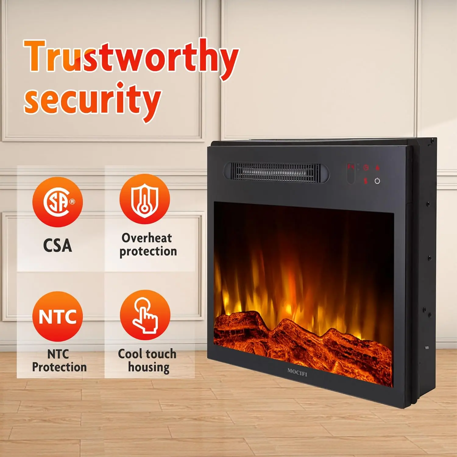 18 inch Built-in Electric Fireplace Insert Heater, Recessed Freestanding Fireplace, Remote Control, Touch Screen, Adjustable