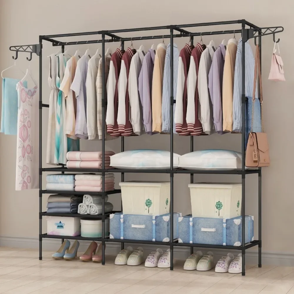 Double Row Clothes Rack Simple Assembly Home Storage Shelf Large Capacity Coat Wardrobe Hangers Bedroom Clothes and Shoes Stand clothes rack