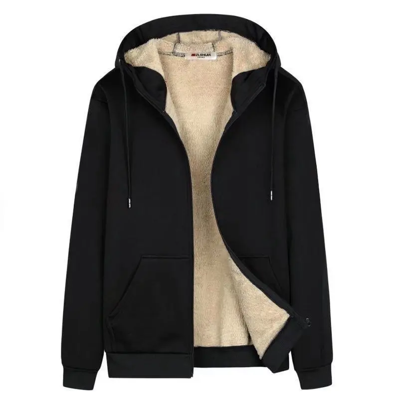 

Autumn and winter plush and thick men's top casual solid color hooded jacket men's zippered sweater autumn style