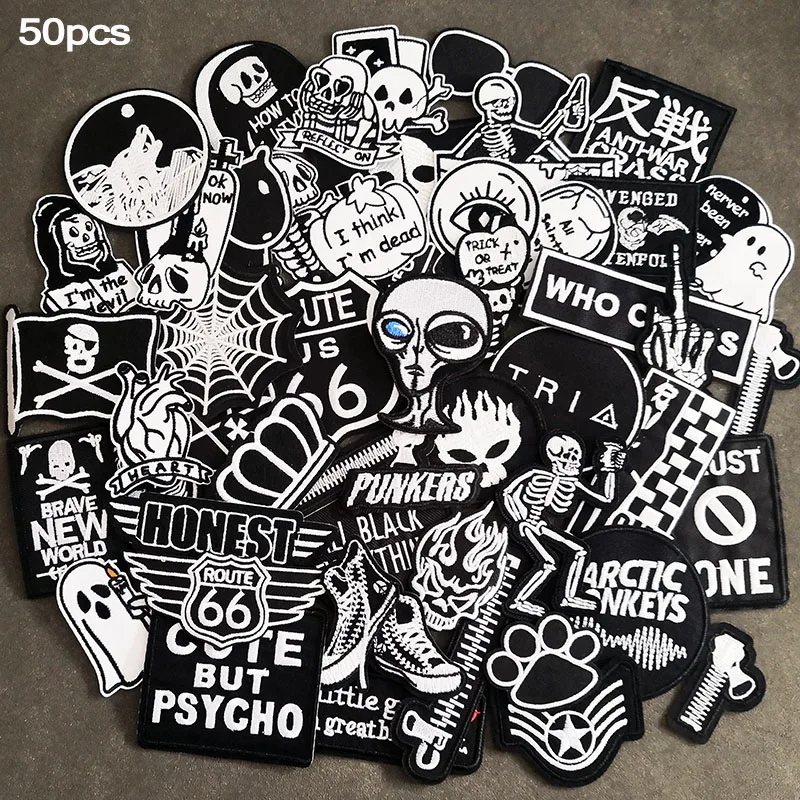 50pcs punk iron-on patches in black and white, featuring aliens, skulls, Route 66, slogans, and Arctic Monkeys