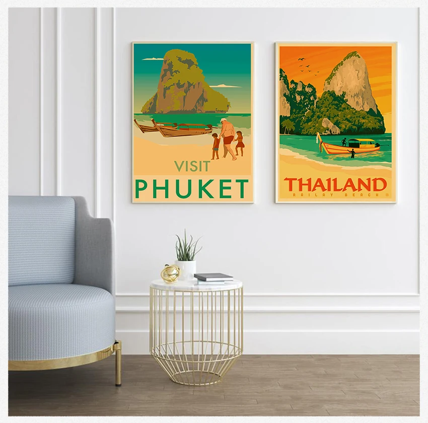 Vintage Wall Pictures Kraft Posters Coated Wall Stickers Home Decor Gift Visit Phuket Islands Thailand Travel Canvas Paintings