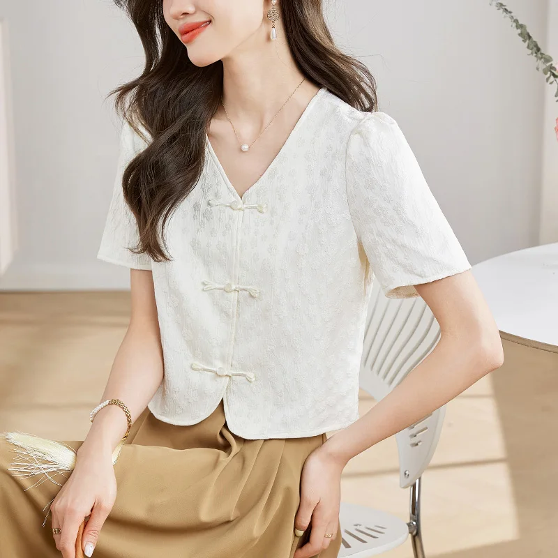 Women Chic Button Vintage Embroidery Shirts Summer New V-neck Fashion Chinese Style Blouses Office Lady Elegant Commute Tops