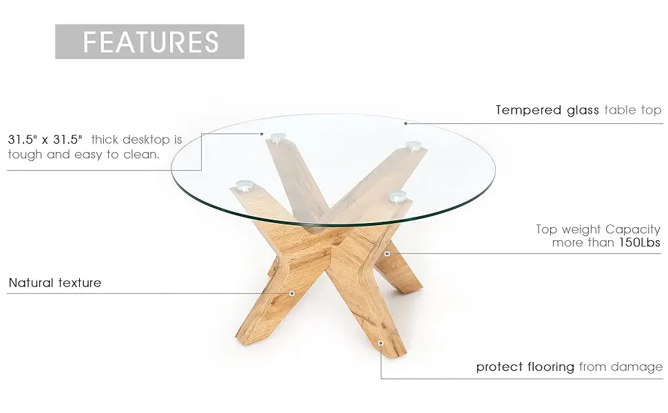Glass Coffee Table Round Industrial Design with Wood Frame for Living Room Home Dining Room