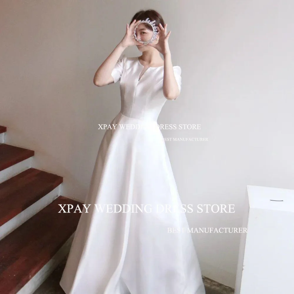 XPAY Simple Soft Satin Korea Wedding Dresses A Line Short Sleeve Sweep Train Bridal Gowns Cut Out V Neck Pleats Bride Dress 4