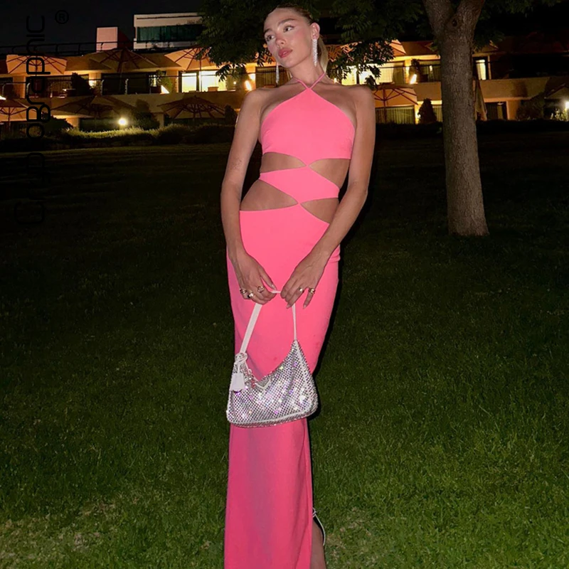 

Cryptographic Elegant Cut Out Sexy Maxi Dresses Sleeveless Backless Pink Festival Outfits Halter Women's Long Dresses Evening