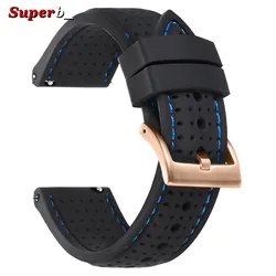 Breathable Silicone Sports Watchband - Soft, Waterproof, Rubber Wrist Strap - 22mm (Black Blue - REGD)