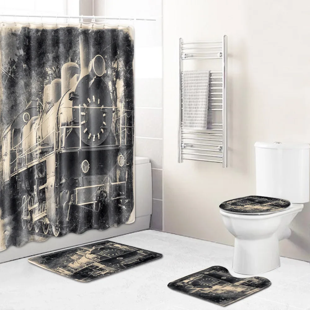 Home Waterproof Print Shower Curtain 4 Piece Carpet Cover Toilet Cover Bath Mat Pad Set Bathroom Curtain Bathroom Decoration 6