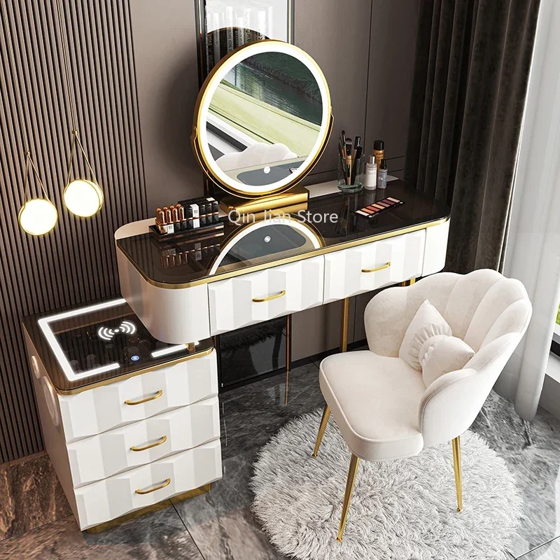 

Simple Intelligent Dressing Tables Wireless Charging Advanced Glass Makeup Table Bedroom Audio Modern Nightstand One Furniture