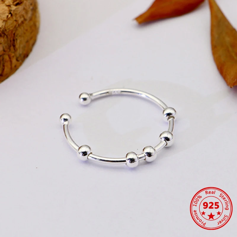 925 Sterling Silver Fidget Beads Adjustable Ring For Women Men Rotate Freely Anti Stress Anxiety Fashion Jewelry