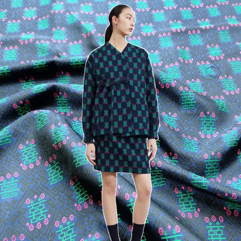 

Yarn-dyed Jacquard Fabric Spring Summer Fashion Double Happiness Pattern Cheongsam Dress Fabrics Diy Sew Brand Designer Material