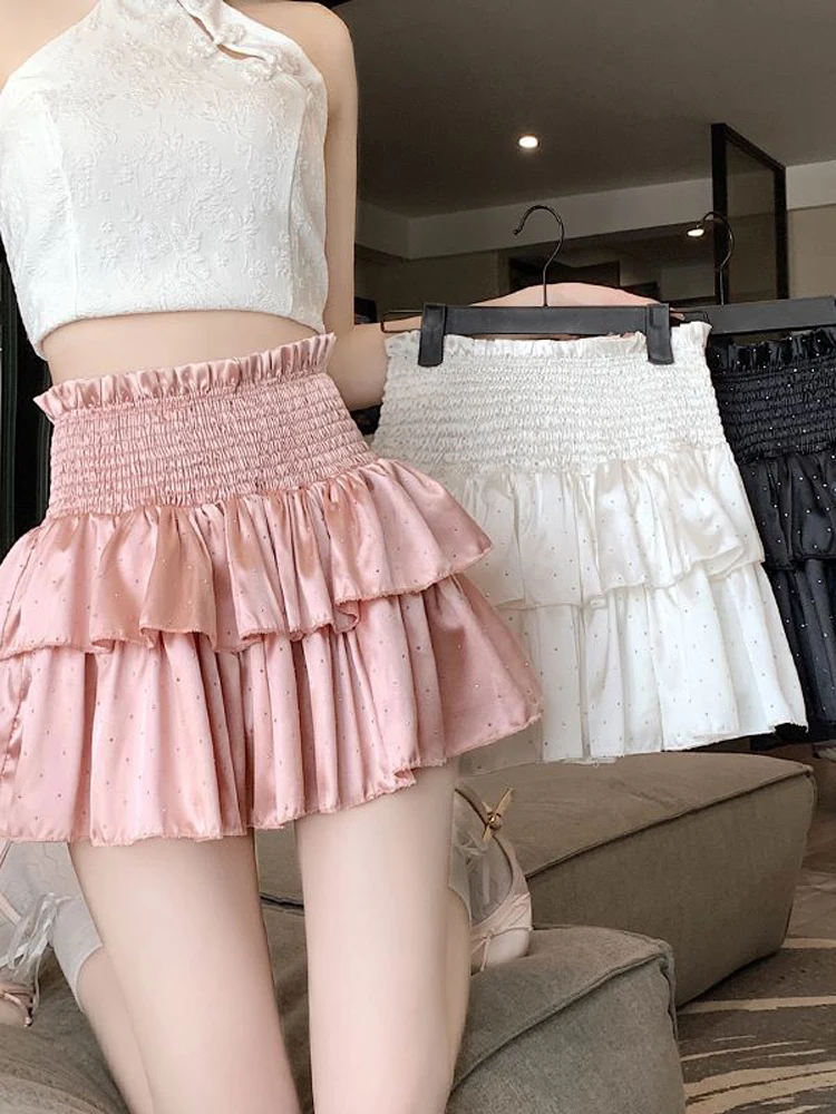 Streetwear Y2k Ruffles Pink Mini Skirts Women Sweet Kawaii