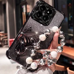 Shockproof Glitter Butterfly Bracket Bracelet Silicone Case - Redmi Note 14S (Black)