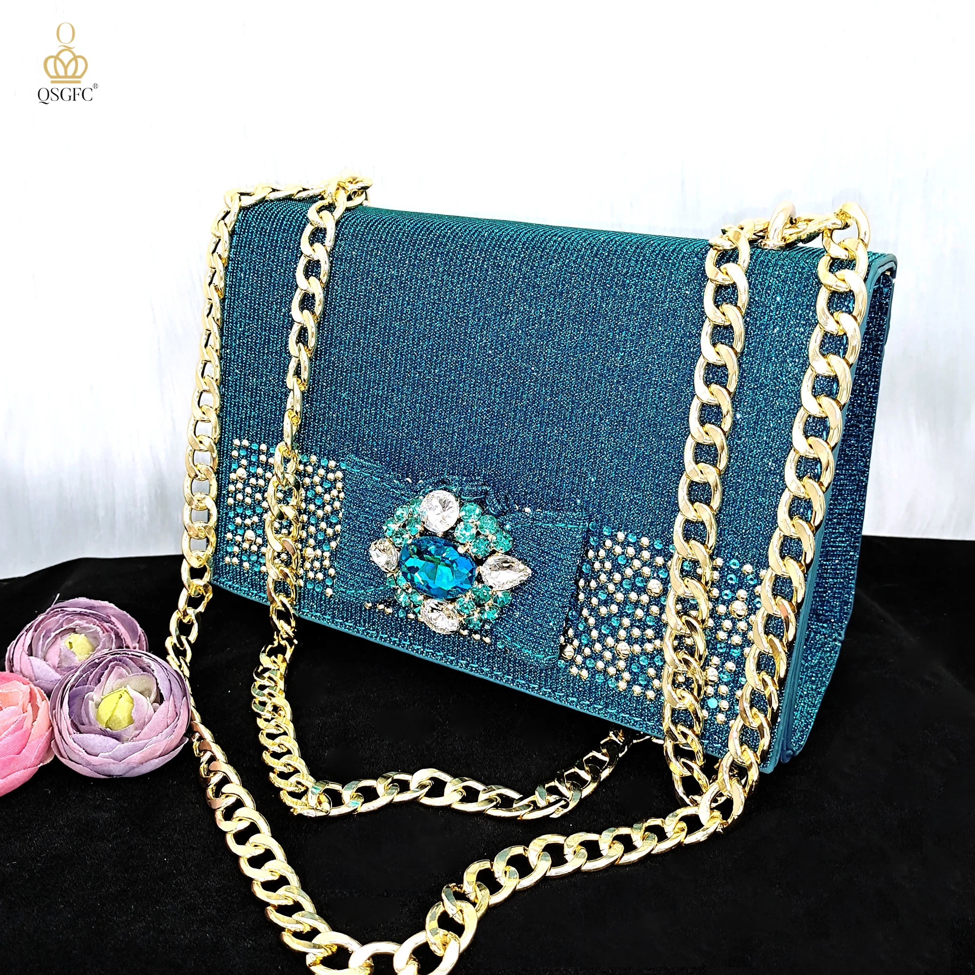 QSGFC Italian Design Noble Dual-Purpose Three-Dimensional Bag And Ladies Heel Shoes Shiny Material For Nigeria Wedding Party