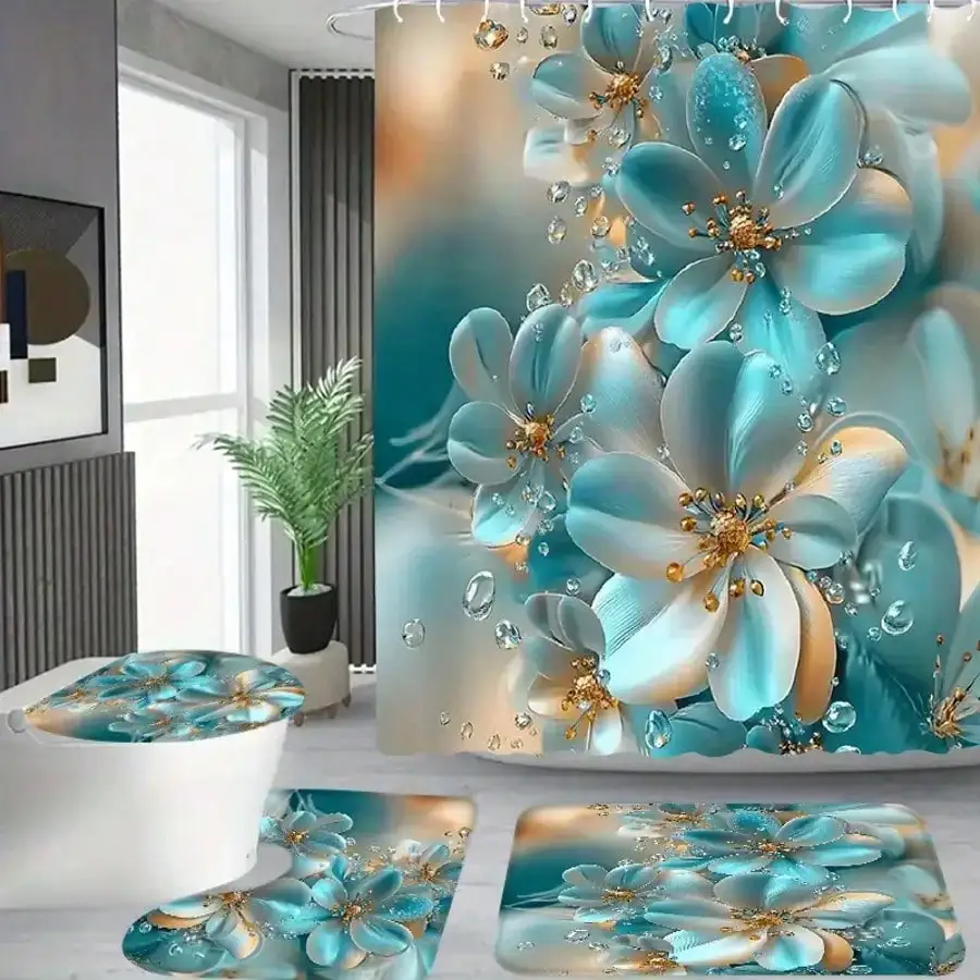 4 ชิ้น Elegant Blue และสีขาวดอกไม้พิมพ์ผ้าม่าน, Apartment ชุดผ้าม่านห้องน้ํา, โรงแรมผ้าม่านห้องน้ํา 1