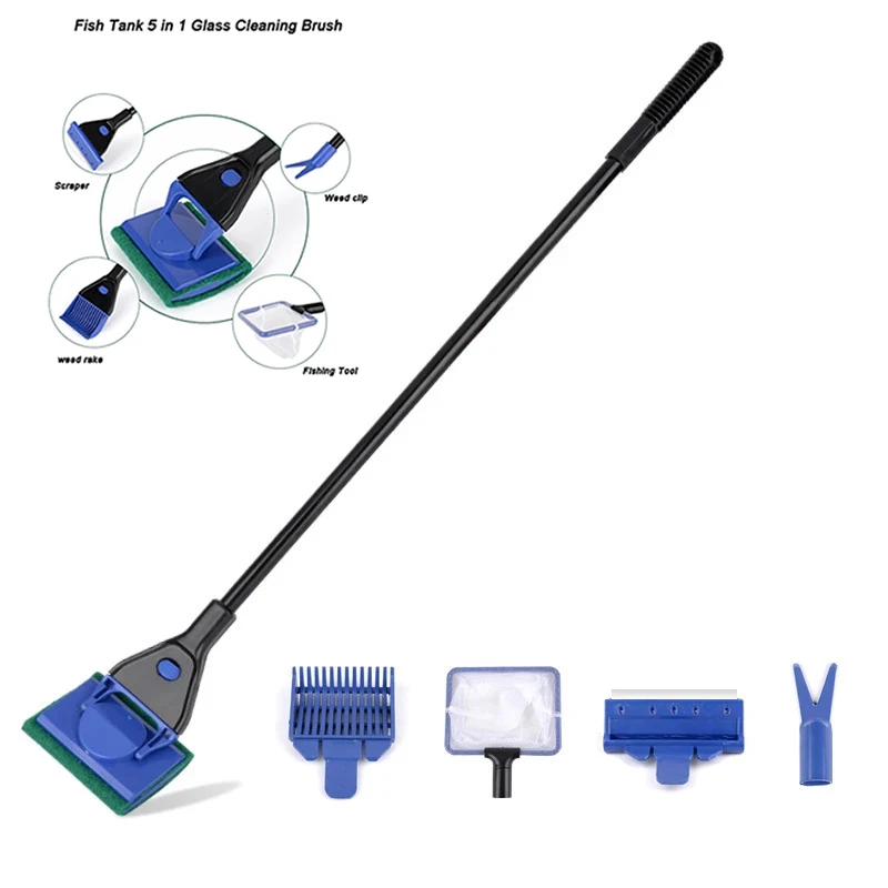 Aquarium Cleaning Tools 5 in 1  Aquarium Tank Clean Set Fish Net Gravel Rake Algae Scraper Fork Sponge Brush Glass Cleaner