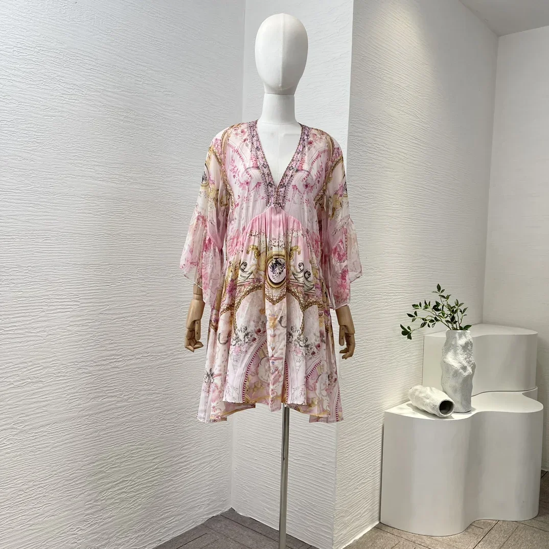

Spring Summer Silk Pink Diamonds Pressed Floral Print Wrist Sleeve V Neck Mini Dress High Quality 2024 New Fashion Elegant