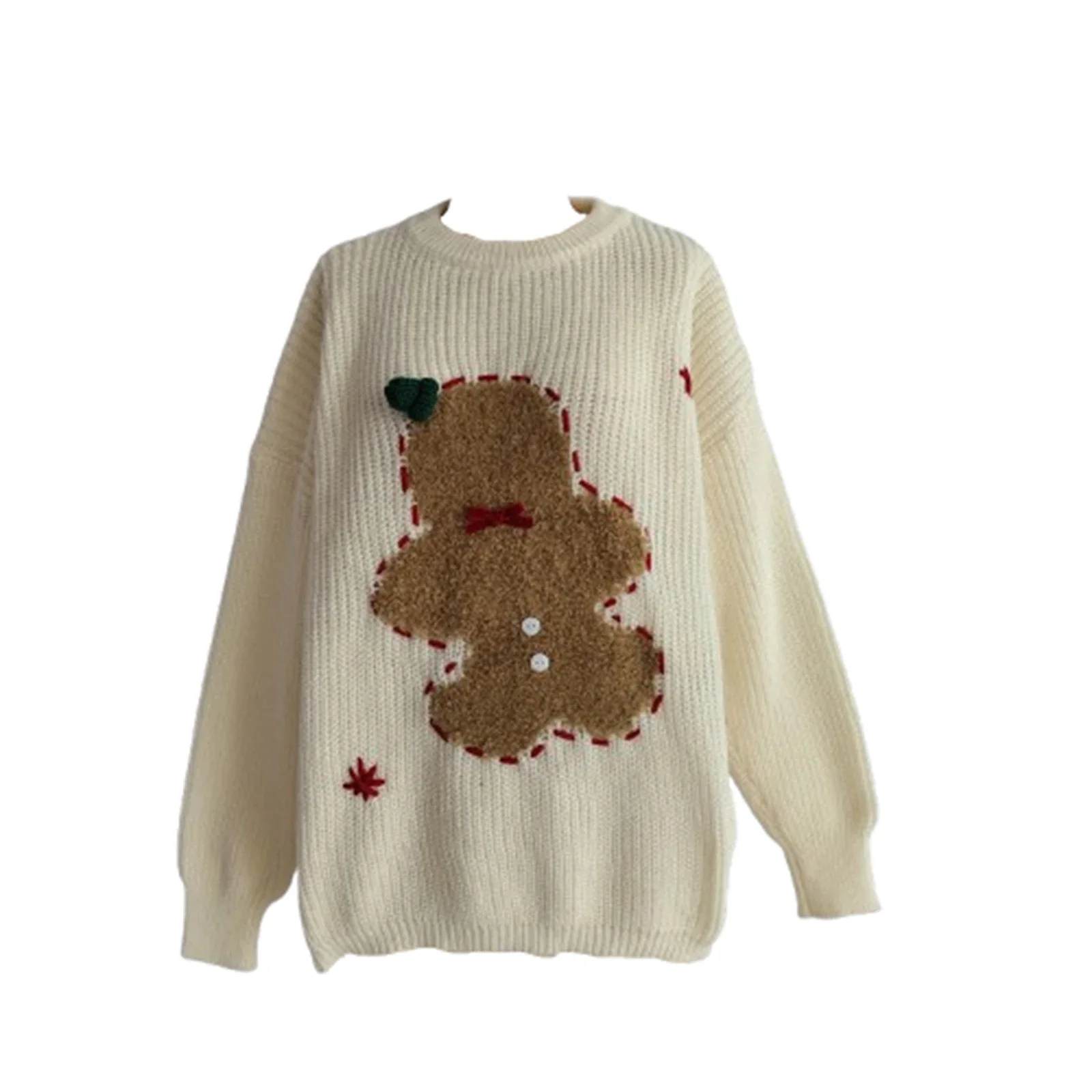 thumbnail image 1 of Suéter de punto navideño para mujer, jersey de cuello redondo de manga larga con bordado de hombre de jengibre, jerséis casuales de otoño e invierno, 1 of 5