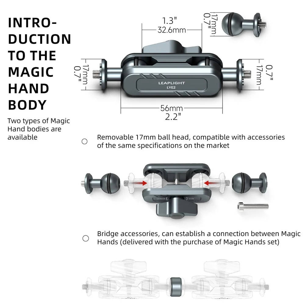 리프라이트 업그레이드 메탈 매직암 W 더블 볼 헤드 360 1/4'' 나사 연장 마운트 (DSLR 카메라 모니터 비디오 마이크 조명 삼각대용)