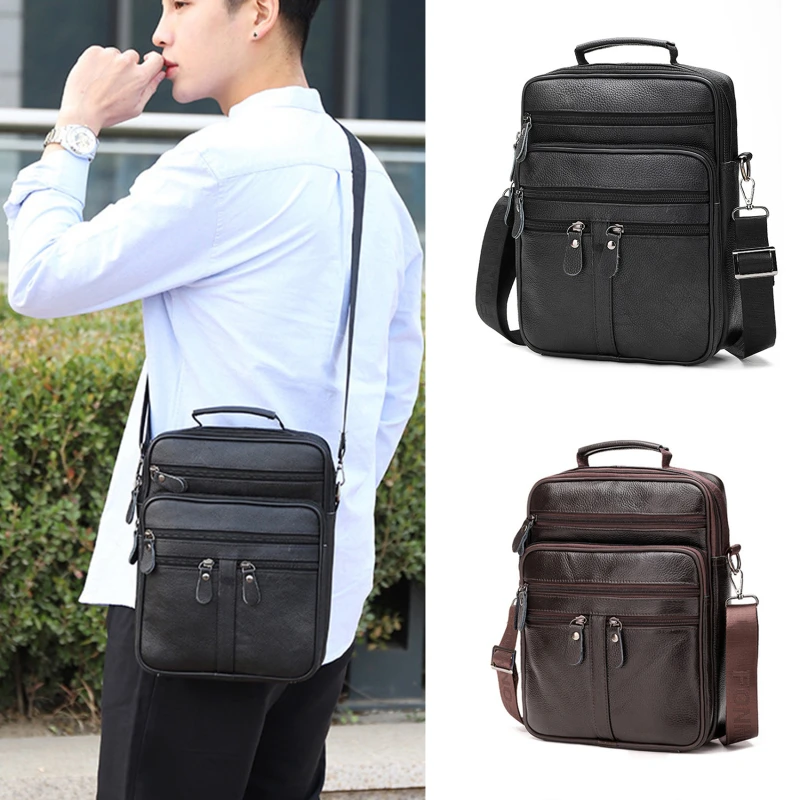 

Vintage Men Handbag Leather Crossbody Bags Mens Multi-pocket Men Shoulder Bag Zipper Solid Waterproof For Travel Business