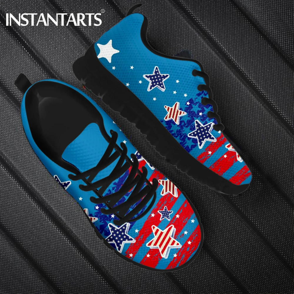 

INSTANTARTS Retro Blue American Stars Printed Casual Snekaers for Women Lightweight Round Toe Flat Shoes Breathable Walking Shoe
