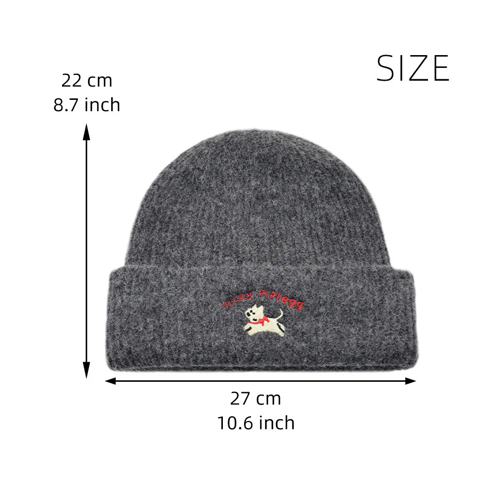 Winter Warm Knitted Wool Hat Embroidery Puppy Ear Protection Beanie Windproof Thermal Anti-cold Slouchy Outdoor Running Cap