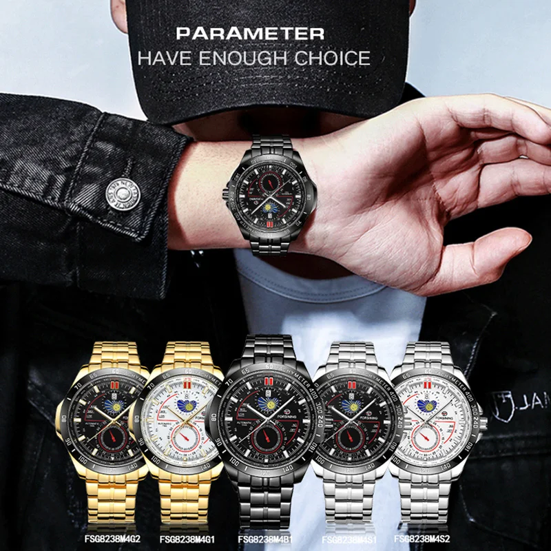 Forsining Two Dial Calendar Stainless Steel Men Mechanical Automatic Wrist Watches Top Brand Luxury Military Sport Male Clock