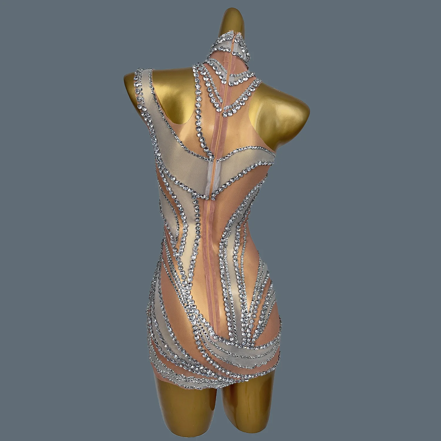 Sexy Luxury Sleeveless Dresses For Women Prom Club Mini Dress Sleeveless  See Through Bodycon Dress Sparkly Rhinestone Liuzhuan