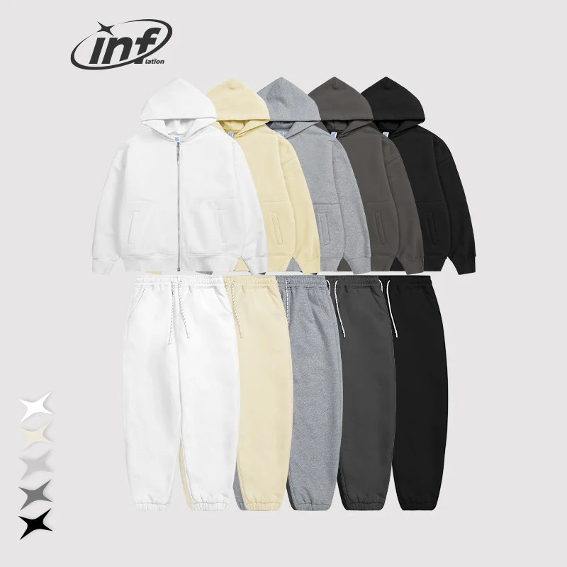 INFLATION Plain Zip Up Hoodie and Jogger Set Men Winter Thick Tracksuit  Unisex Two Pieces Set