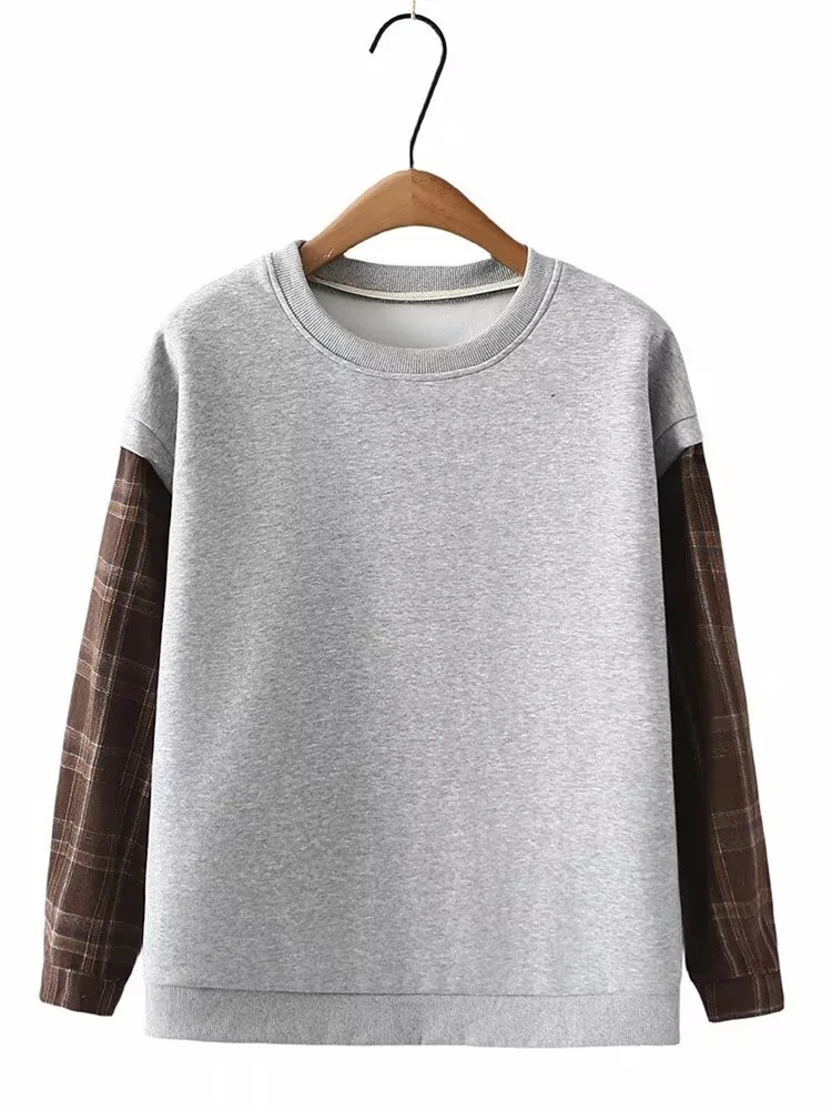 

Женская одежда размера плюс, весенние и осенние футболки, пуловер с круглым вырезом и длинным рукавом, клетчатая рубашка, ткань пэчворк, топы с рукавами