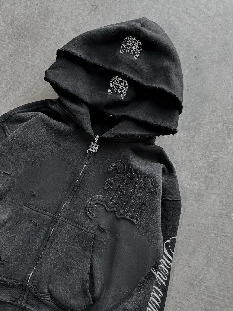 High street retro perforated embroidery American style logo Casual couple set street Harajuku punk loose hooded sweatshirt 5