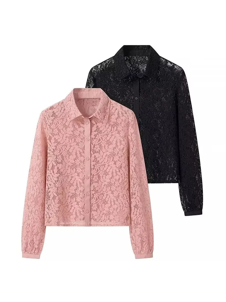 HH Women Fashion Translucent Lace Blouse Single Breasted Lapel Hollow Out Long Sleeve Shirt Summer Lady Sexy Solid Tops