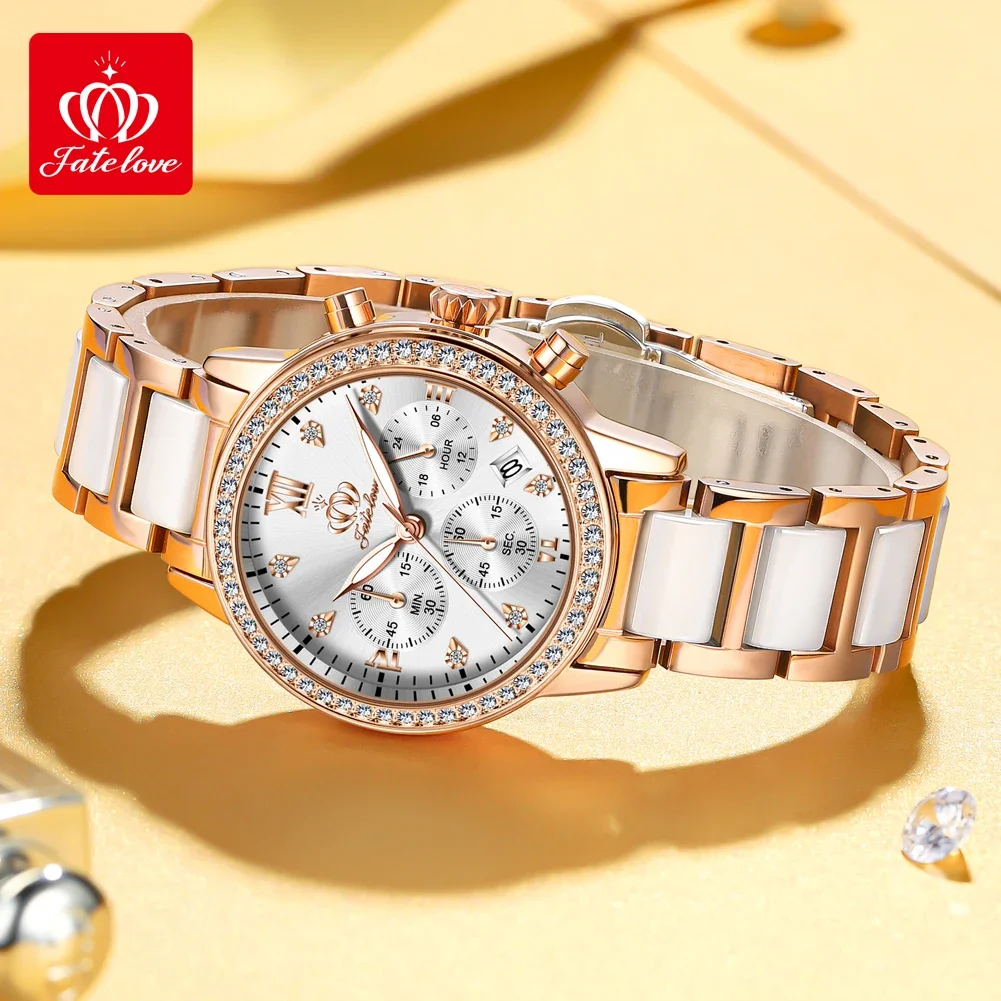Fate Love 881 Luxury Quartz Watch For Women Chronograph Calendar Wristwatches Luminous Waterproof Ceramic Strap Women's Watches