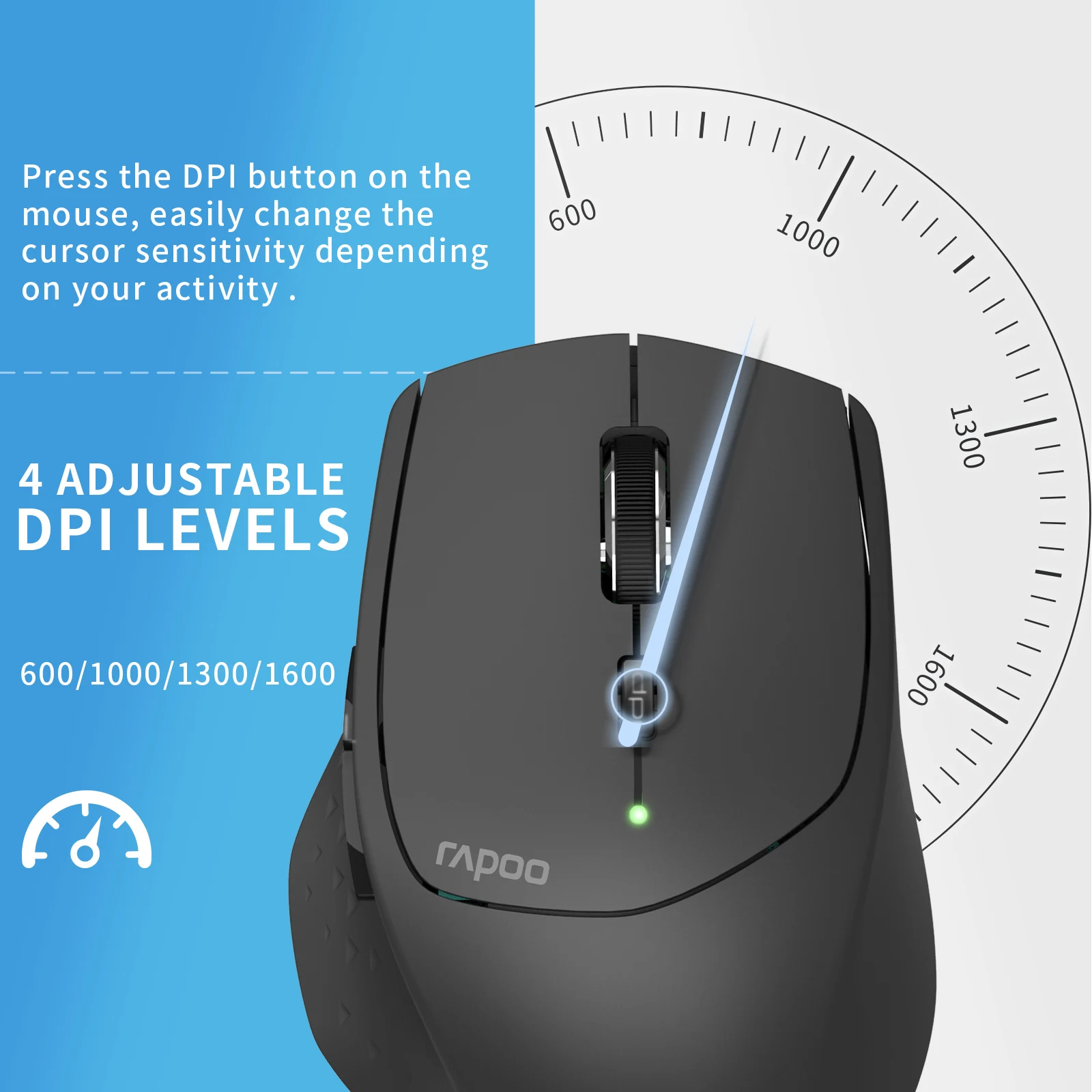 RAPOO MT550 Multi-mode Wireless Mouse Connect Up to 4 Devices 1600 DPI Ergonomic Bluetooth Mouse 12 Month Long Battery Wireless Mouse Ergonomic Mouse