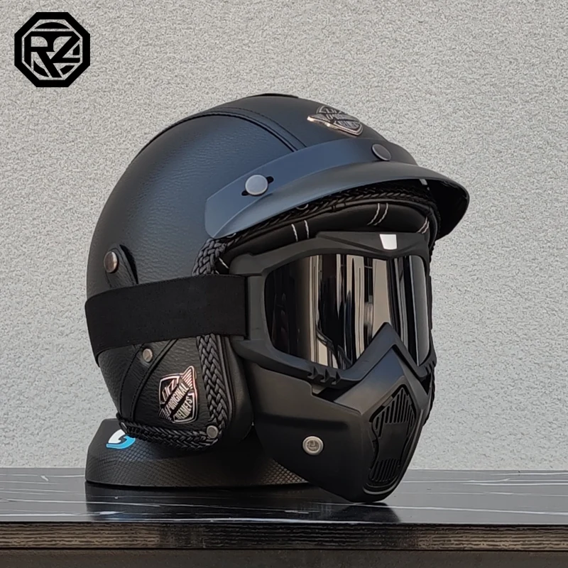 ORZ New PU Leather 3/4 Retro Cruising Motorcycle Helmet Summer Scooter Half Helmet with Mask Windshield DOT Approval