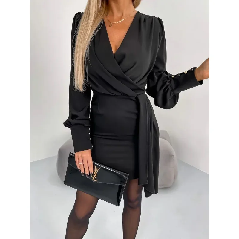 

2023 New Autumn and Winter Fashion Simple Solid V-Neck Lace Up Long Sleeve Temperament Commuter Zipper Women's Unique Dress