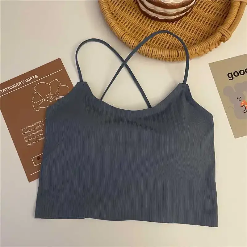 1pc Women Sexy Solid Color Camisole Ice Silk Tube Seamless Sports Tank Top Wireless Underwear Padded Bra Bralette Vest