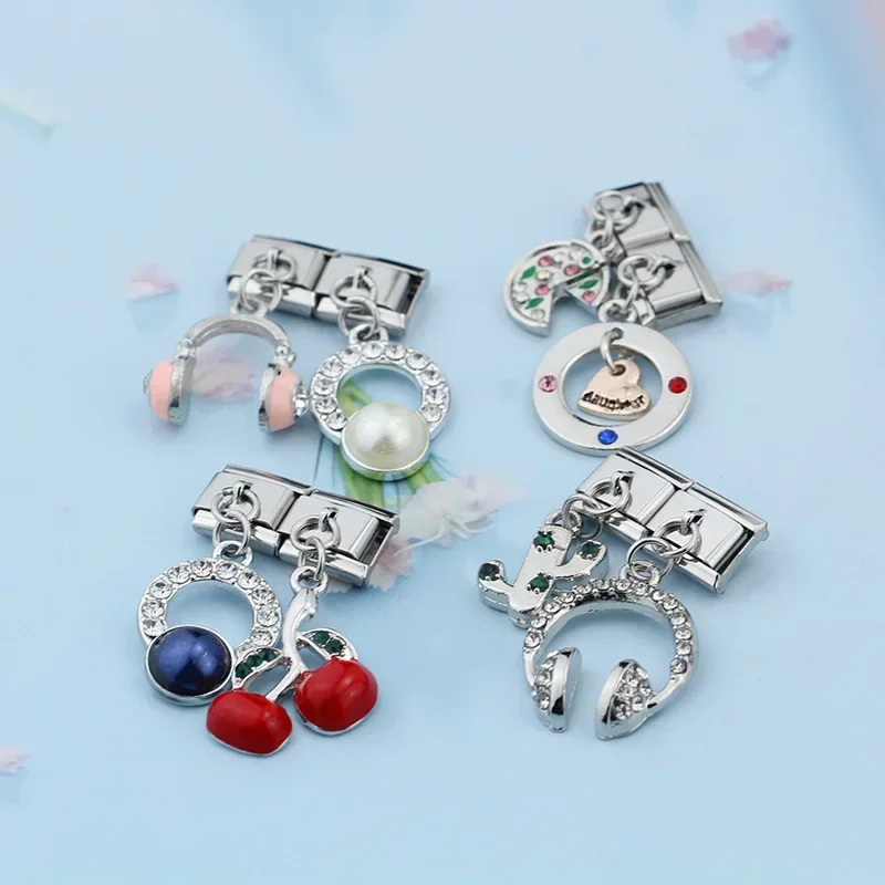 Rose Flower Unicorn Cherry Pizza Coconut Trees CZ Italian Charm 9mm Bracelet Stainless Steel Jewelry Making DJ158 charm bracelet