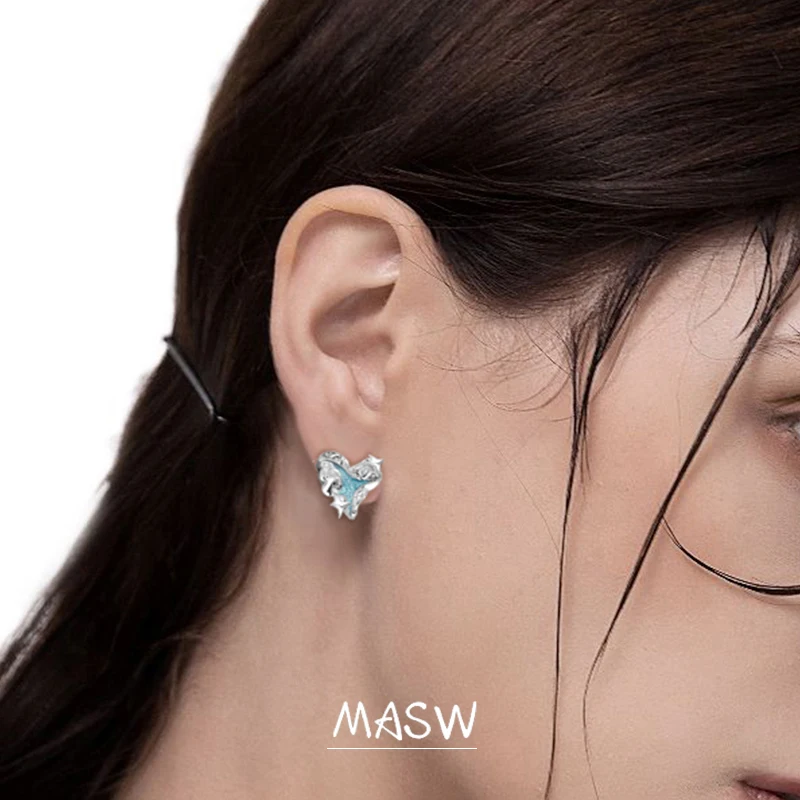 MASW Original Design Cool Trend Jewelry High Quality Copper Blue Green Heart Stud With Star Earrings For Women Girl Gift 2023