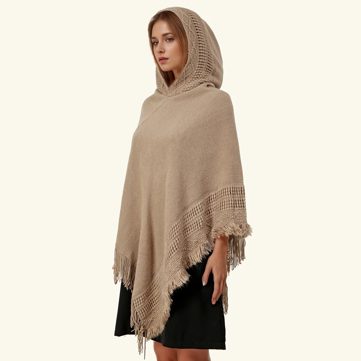 Poncho-châle D'hiver Pour Femme - 178x114 Cm, En Cachemire, à Pompons - Écharpe, Cape, Couverture Polyvalente