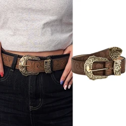 Gothic Retro PU Leather Unisex Belt with Engraved Metal Buckle - 105CM (Golden buckle)