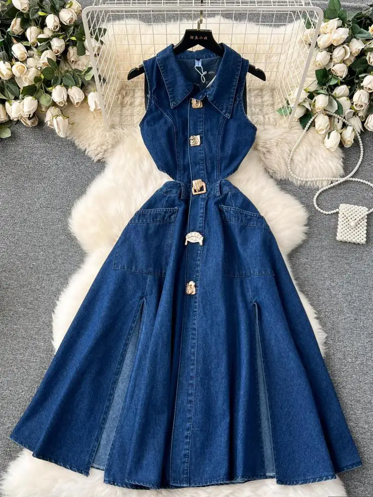 Elegant Vintage Denim Dress For Women Summer Fashion Hollow Out Dew Waist  Split Vestidos Sexy Club Long Jeans Dresses - AliExpress 200000345