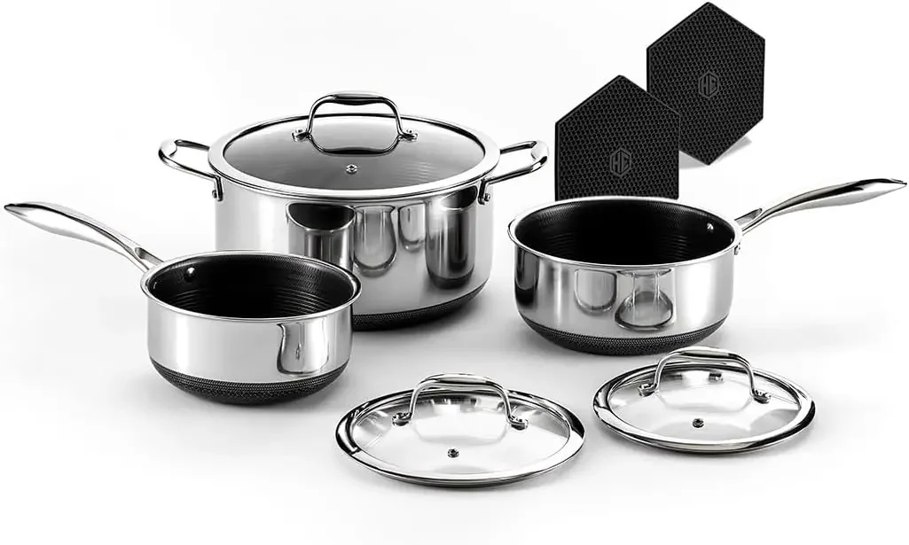 

Hybrid Nonstick 6-Piece Pot Set with Trivets, 2, 3,and 8-Quart Pots with Tempered Glass Lids,2 Silicone Trivets Included