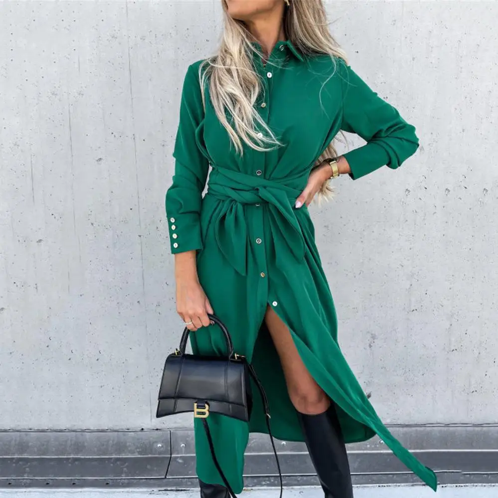 

Fashion Women Lapel Neck Green Dress Autumn Long Sleeve Buttons Long Dress Elegant Shirt Vestidos Femme Black Sundress